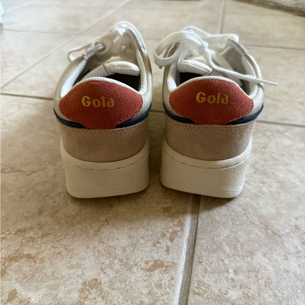 Gola Beige Sneakers with Navy Stripes and Orange Heel Accent - Picture 3 of 6